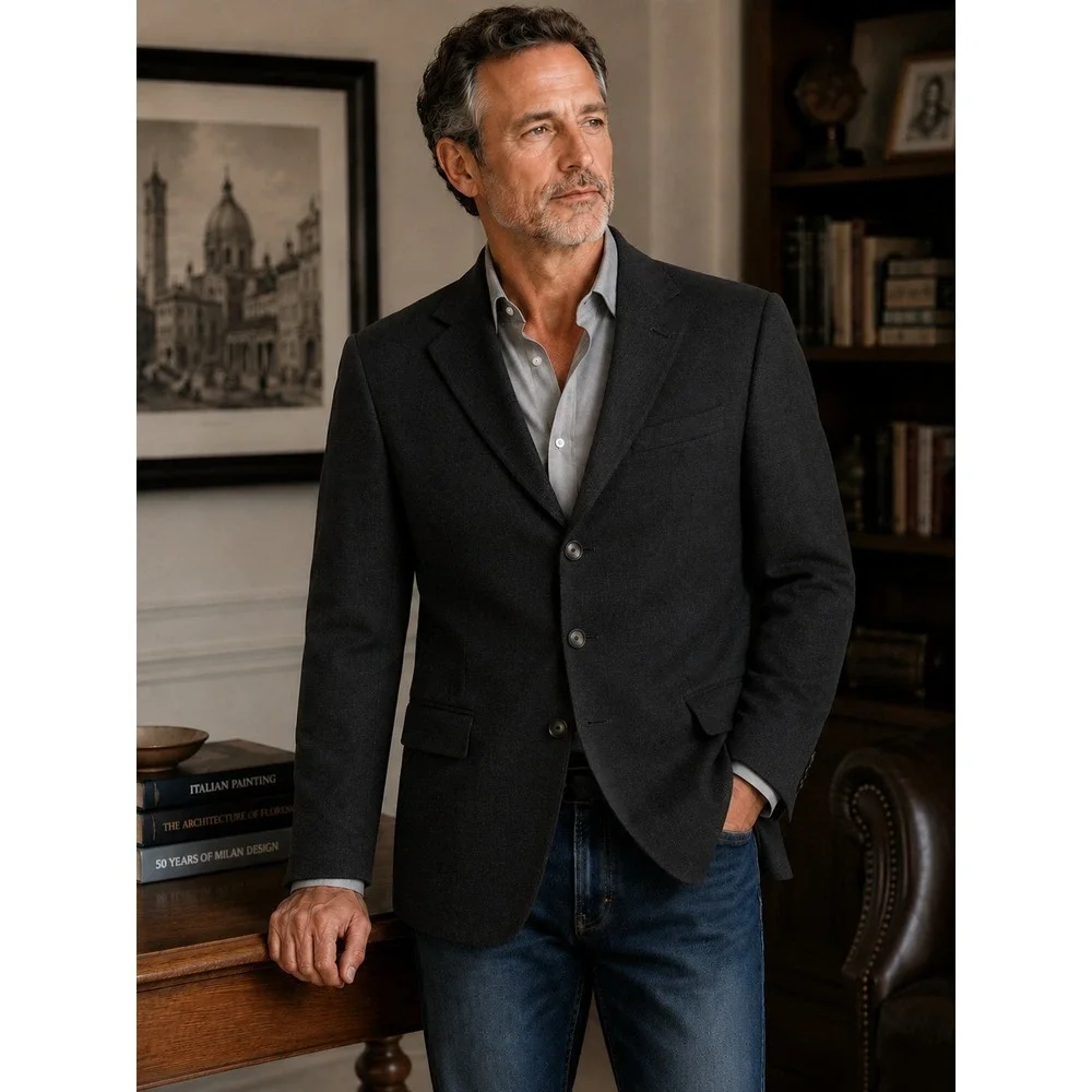Cashmere Blazer Men 40‎ L-T Regular Fit Black Quiet Luxury Coat Old Money